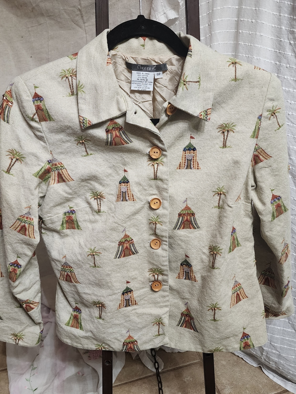 Maggy L Vintage Style Tapestry Blazer Jacket Circus Tent Palm Tree Petite 6P